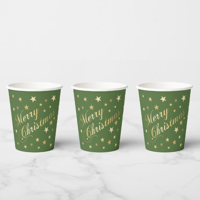 Merry Christmas Elegant Script Gold Stars Green Paper Cups (Multi)