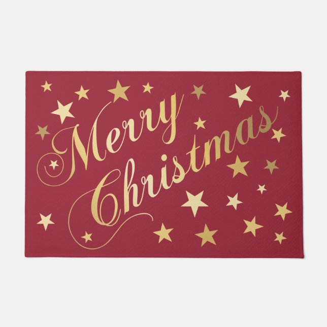 Merry Christmas Elegant Script Gold Stars Red Doormat (Front)