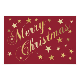 Merry Christmas Elegant Script Gold Stars Red Poster