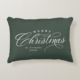 Merry Christmas elegant script green holiday decor Decorative Cushion
