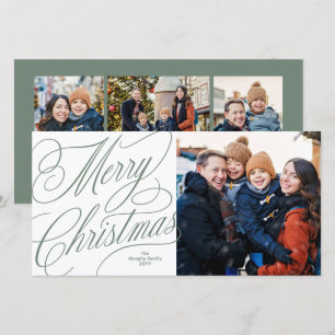 Merry Christmas elegant script green photo Holiday Card