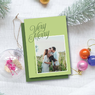 Merry Christmas Elegant Script One Photo Green Holiday Card