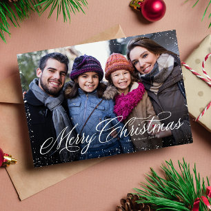 Merry Christmas elegant script one photo snow Holiday Card