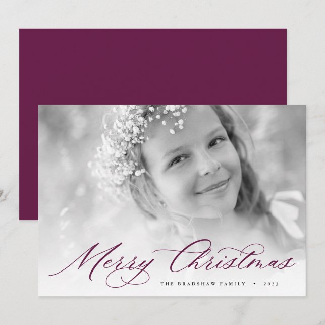 Merry Christmas | Elegant Script Photo Holiday Card (Front/Back)