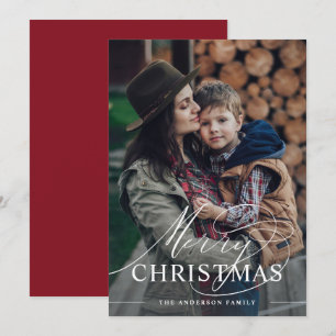 Merry Christmas   Elegant Script Photo Merlot Red Holiday Card
