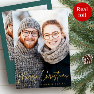 Merry Christmas elegant script pine green photo Foil Holiday Card