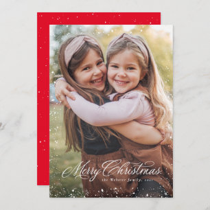 Merry Christmas elegant script red one photo snow Holiday Card