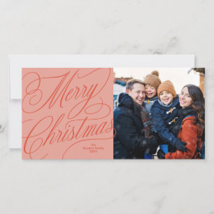 Merry Christmas elegant script red pink photo Holiday Card