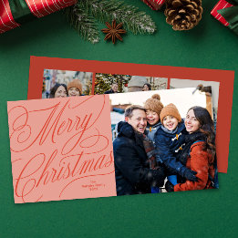 Merry Christmas elegant script red pink photo Holiday Card