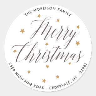Merry Christmas Elegant Script Return Address Classic Round Sticker