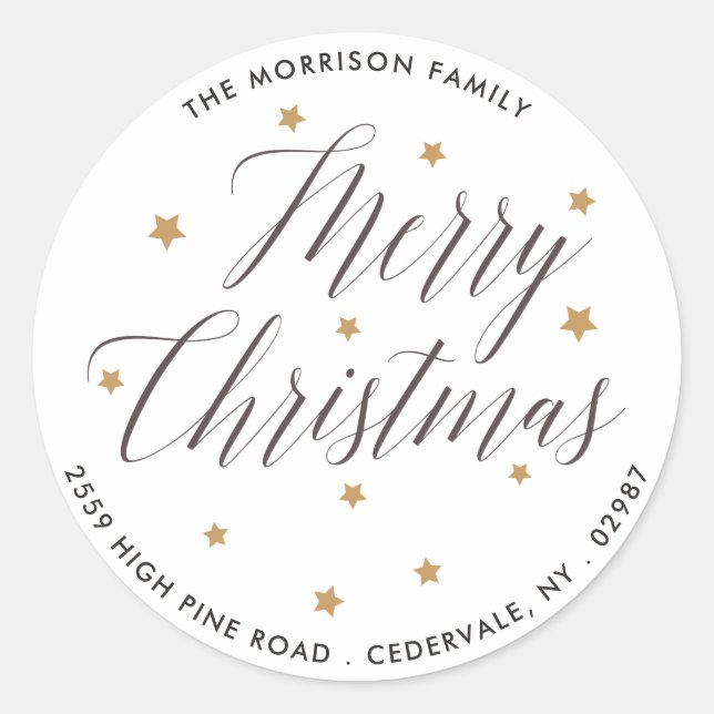 Merry Christmas Elegant Script Return Address Classic Round Sticker (Front)