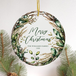 Merry Christmas Elegant Script Rustic Botanical Ceramic Tree Decoration