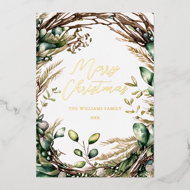 Merry Christmas Elegant Script Rustic Botanical Foil Holiday Card (Front)