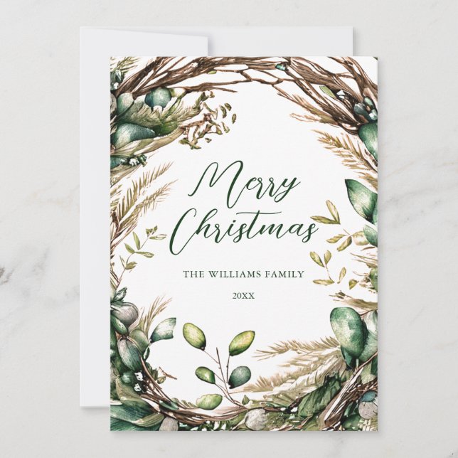 Merry Christmas Elegant Script Rustic Botanical Holiday Card (Front)