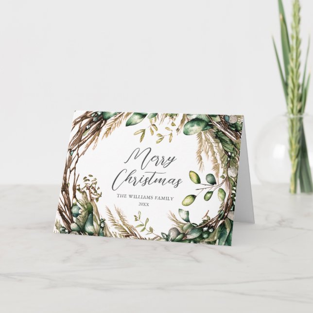 Merry Christmas Elegant Script Rustic Wreath Holiday Card (Front)
