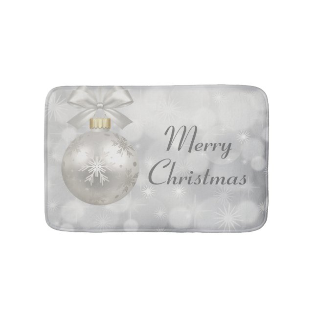 Merry Christmas Elegant Silver Christmas Ball Bath Mat (Front)