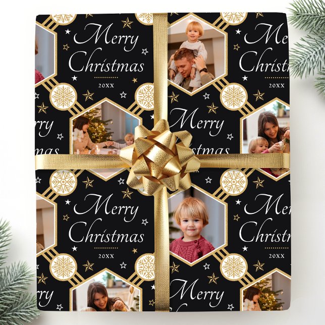 Merry Christmas Elegant Snowflake Photo Black Wrapping Paper (Creator Uploaded)