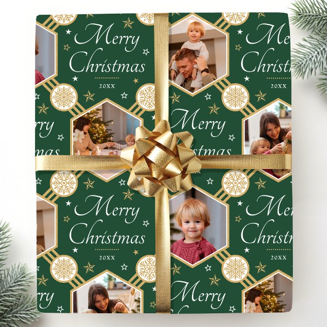Merry Christmas Elegant Snowflake Photo Green Wrapping Paper (Creator Uploaded)