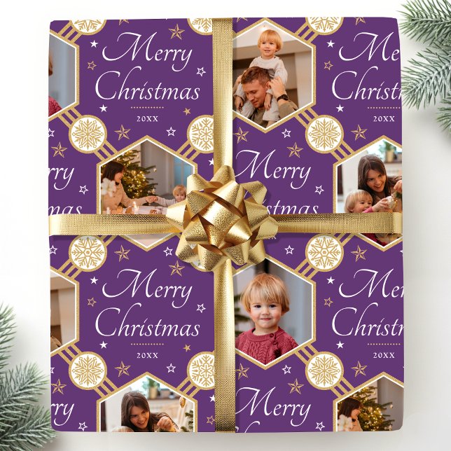 Merry Christmas Elegant Snowflake Photo Purple Wrapping Paper (Creator Uploaded)