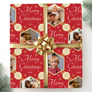 Merry Christmas Elegant Snowflake Photo Red Gold Wrapping Paper
