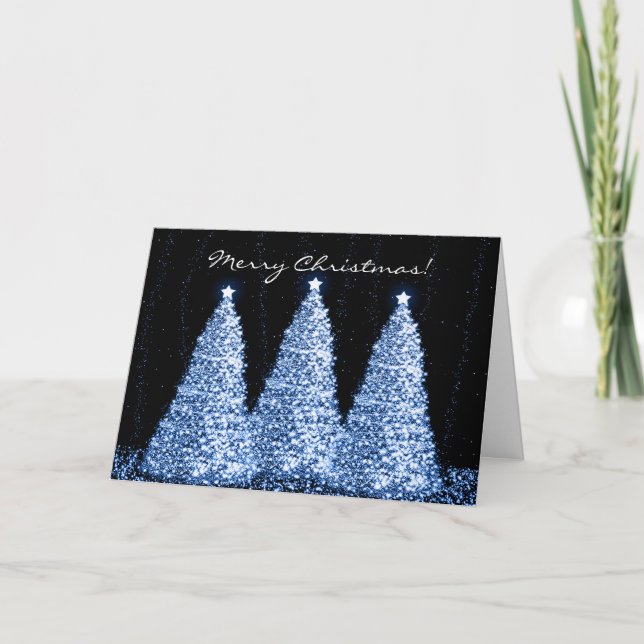 Merry Christmas Elegant Sparkle Trees Blue Holiday Card (Front)