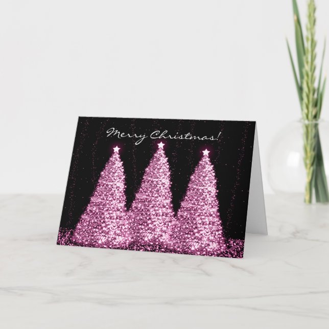 Merry Christmas Elegant Sparkle Trees Pink Holiday Card (Front)