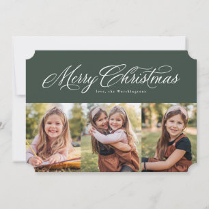 Merry Christmas elegant three photo green Holiday Card
