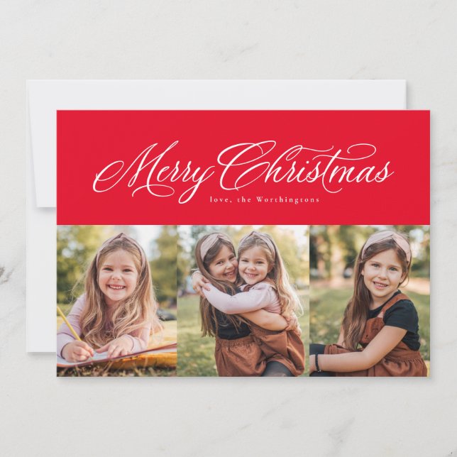 Merry Christmas elegant three photo red Holiday Card (Front)