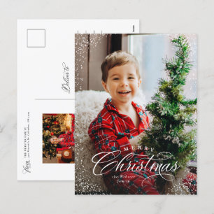Merry Christmas elegant two photo snow frame Holiday Postcard