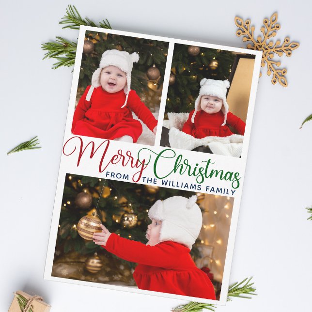 Merry Christmas Elegant Typography 3 Photo Cute Holiday Card (Creator Uploaded)