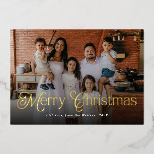 Merry Christmas Elegant Typography Family Photo Foil Holiday Card