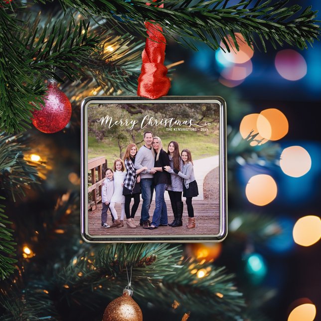 Merry Christmas Elegant Typography Family Photo Metal Tree Decoration (Merry Christmas Elegant Typography Family Photo Metal Ornament)