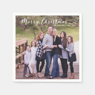 Merry Christmas Elegant Typography Photo Name Napkin