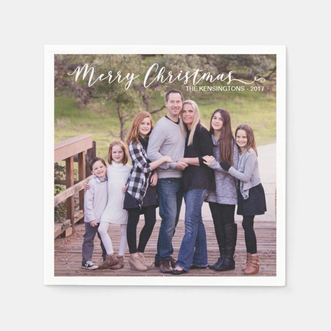 Merry Christmas Elegant Typography Photo Name Napkin (Front)