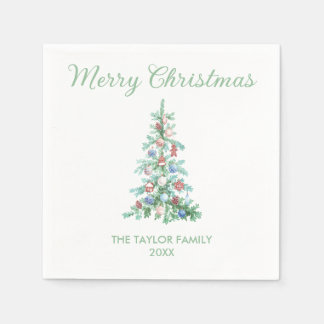 Merry Christmas Elegant Watercolor Greenery Tree Napkin