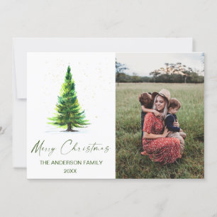 Merry Christmas Elegant Watercolor Pine Tree Photo Invitation