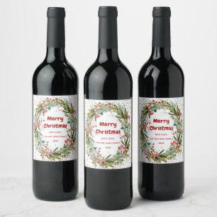 Merry Christmas Elegant Watercolor Wreath  Wine Label