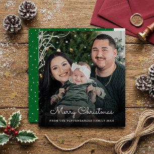 Merry Christmas Elegant White Script Family Photo Foil Holiday Card