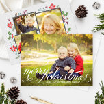 Merry Christmas Elegant White Script Photo Collage Holiday Card<br><div class="desc">Classic woodland style holiday photo card features a two-sided design with four (4) photos, "Merry Christmas" white script overlay with custom text, and illustrations of Christmas holly leaves, berries, poinsettias, pine tree branches, and acorns that frame the photos displayed on the back of the card. The background has a subtle...</div>