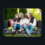 Merry Christmas Elegant White Script Photo Magnet<br><div class="desc">Simply chic holiday photo greeting card features "Merry Christmas" in a modern beautiful script with scrolling detail and custom text in white.</div>