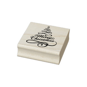 Merry Christmas Elegant Winter Holidays Trees Rubber Stamp