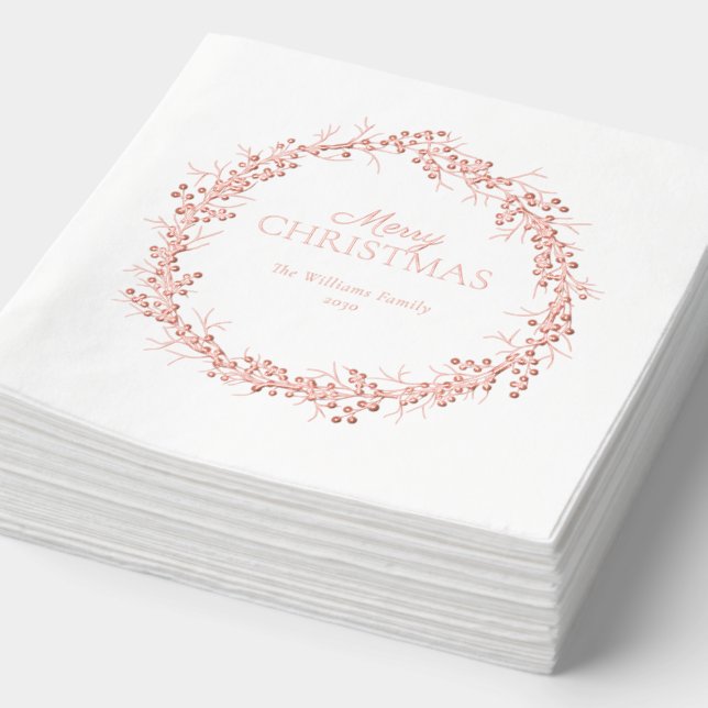 Merry Christmas Elegant Wreath Party Rose Gold Foil Napkins (Detail)