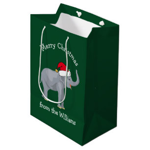 Merry Christmas Elephant Cute Green Personalised Medium Gift Bag