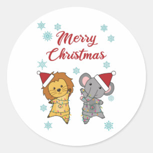 Merry Christmas Elephant Lion Snow Winter Zoo Clas Classic Round Sticker