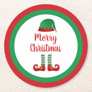 Merry Christmas Elf Outfit Red Typography Round Paper Coaster
