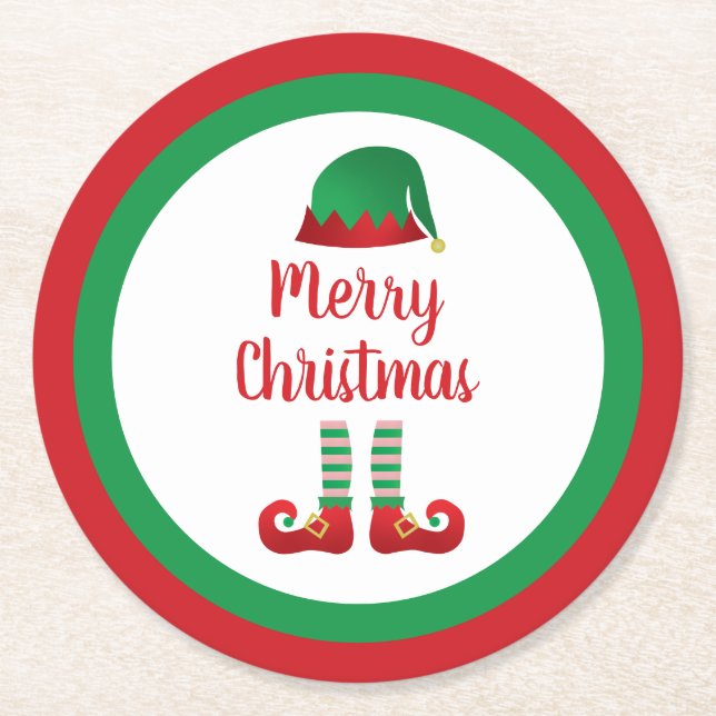 Merry Christmas Elf Outfit Red Typography Round Paper Coaster (Front)
