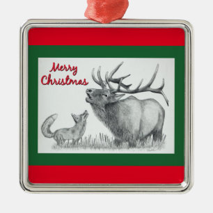 Merry Christmas Elk and Fox Metal Tree Decoration
