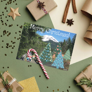 Merry Christmas Elves and Decorated Trees Holiday Card