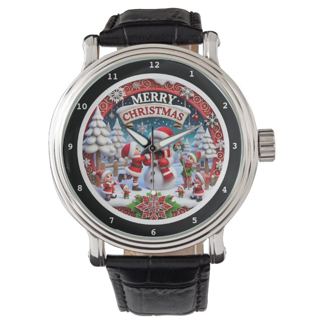 Merry Christmas Elves and Snowman on a Decorative Watch (Front)