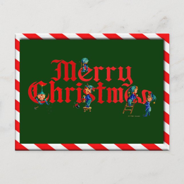MERRY CHRISTMAS ELVES & STRIPES by SHARON SHARPE Holiday Postcard (Front)